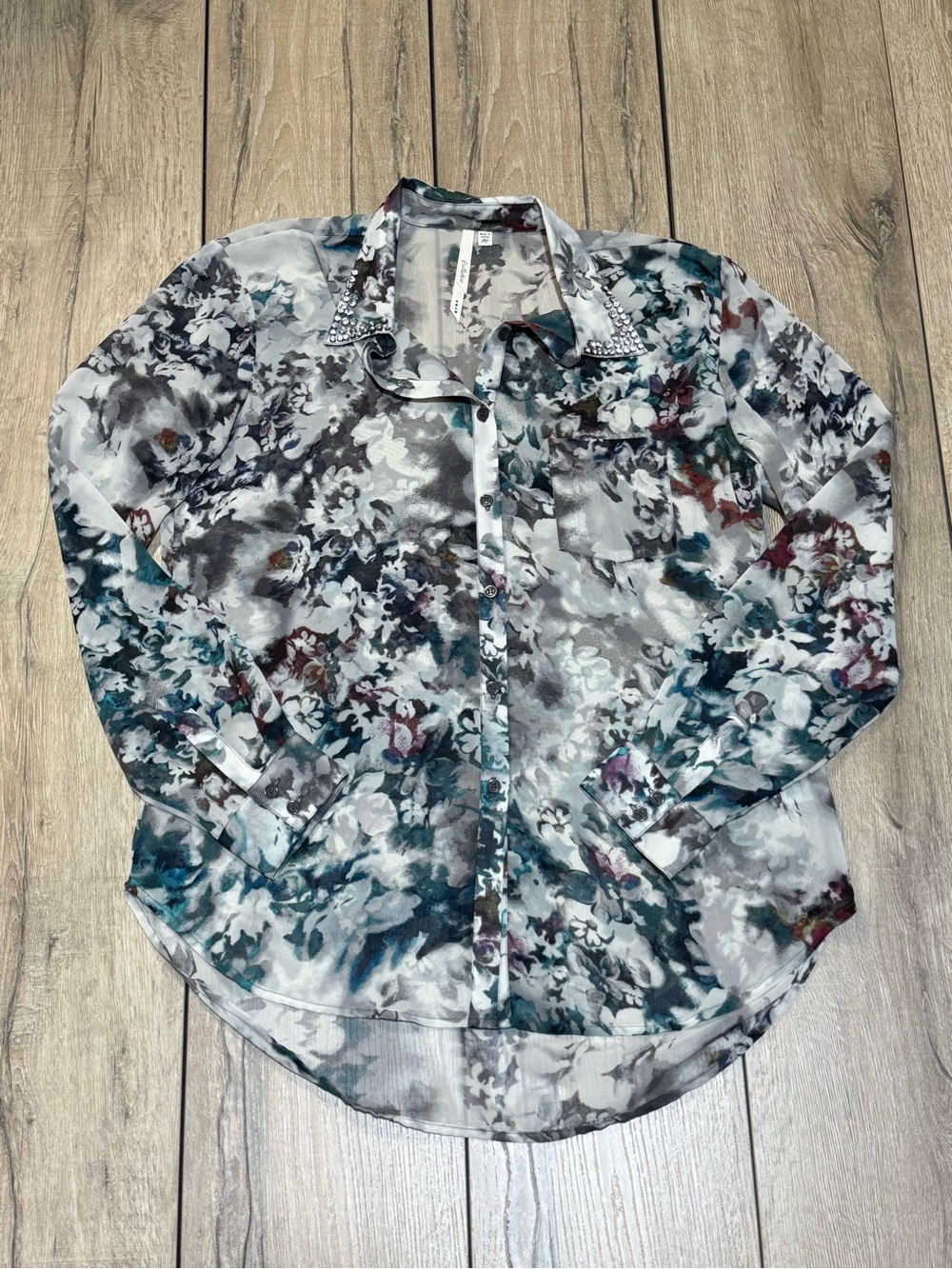 Bellatrix Floral Blouse Sheer Embellished Collar Button Down Medium - Picture 3 of 16